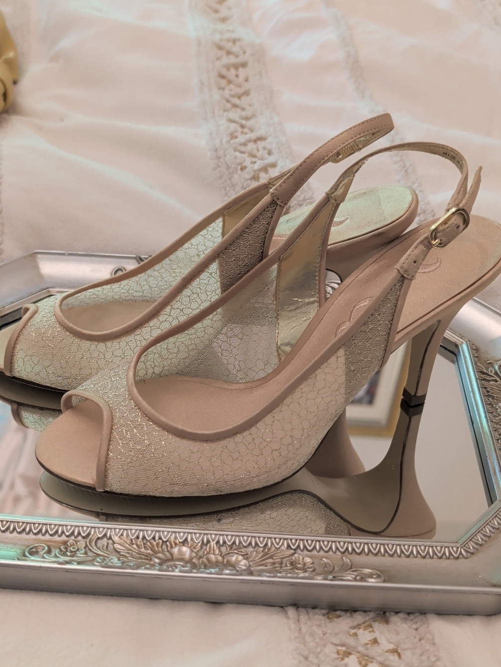 Nina Gold Peep-Toe Slingback Heels